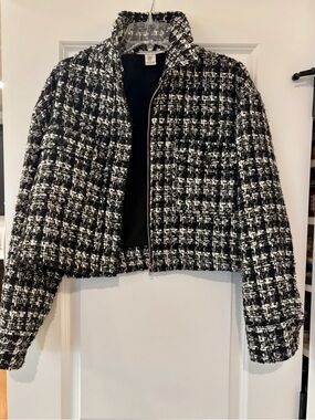 Rachel Zoe Black & White Tweed Zip Crop Blazer